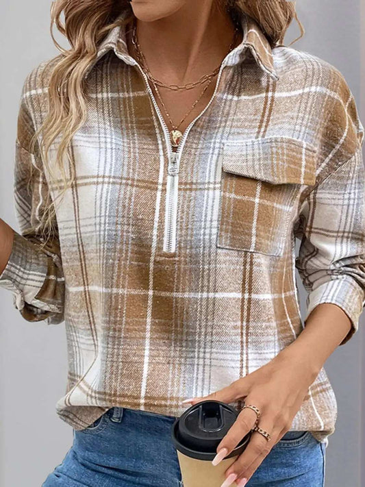 Perfee Plaid Collared Neck Half Zip Long Sleeve Top - Trendsi - Flyclothing LLC