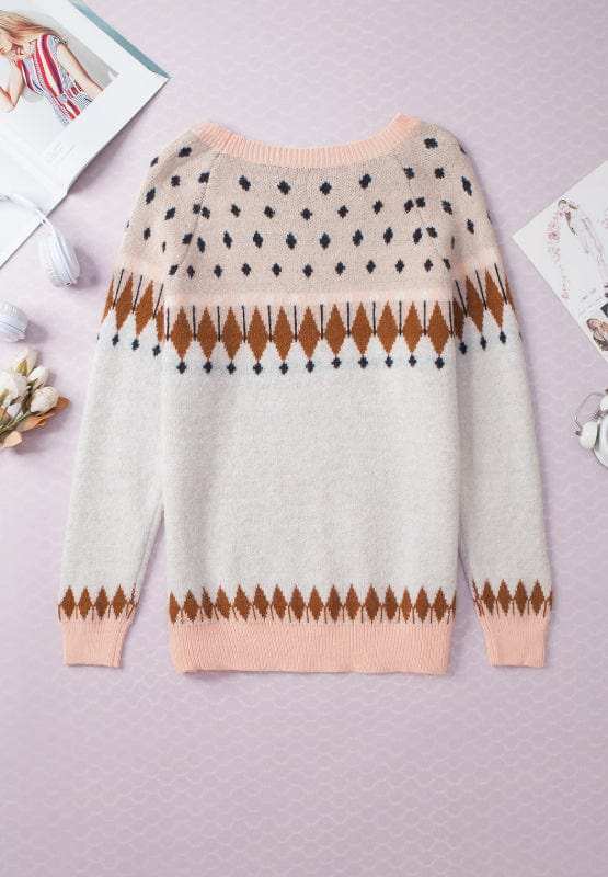 Geometric Contrast Round Neck Long Sleeve Sweater - Trendsi - Flyclothing LLC