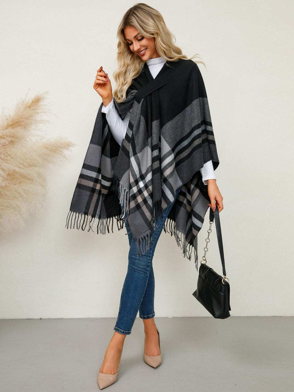 Fringe Contrast Plaid Poncho - Trendsi - Flyclothing LLC