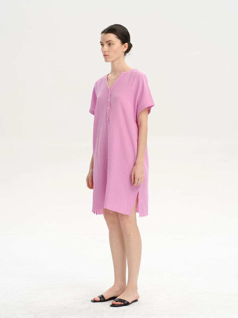 Slit Notched Short Sleeve Mini Dress - Trendsi - Flyclothing LLC