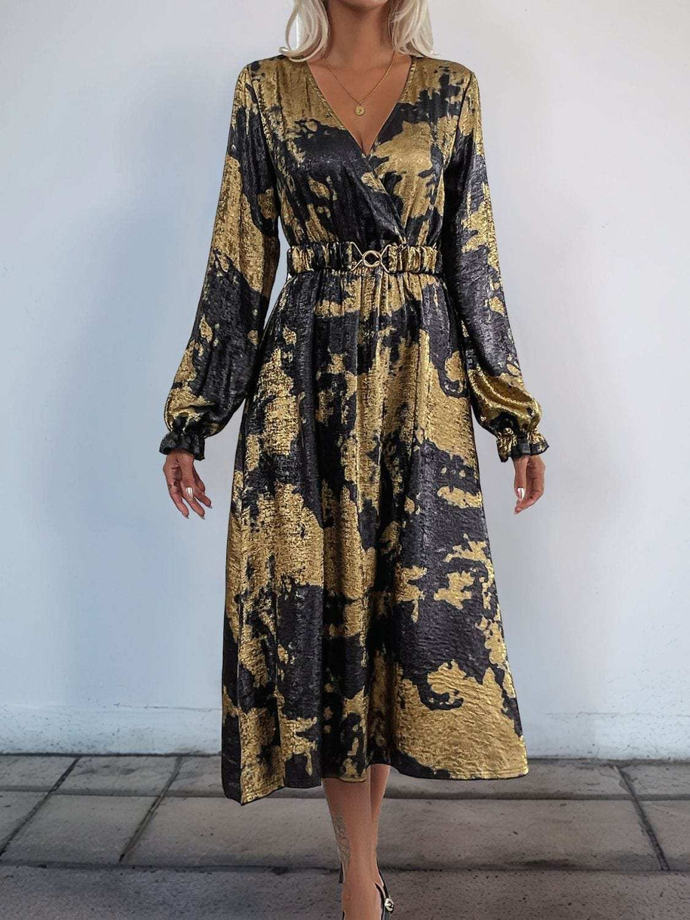 Perfee Printed Surplice Long Sleeve Midi Dress - Trendsi - Flyclothing LLC