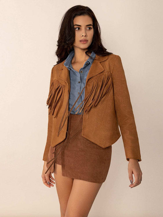 Tied Tassel Collared Neck Long Sleeve Jacket - Trendsi - Flyclothing LLC
