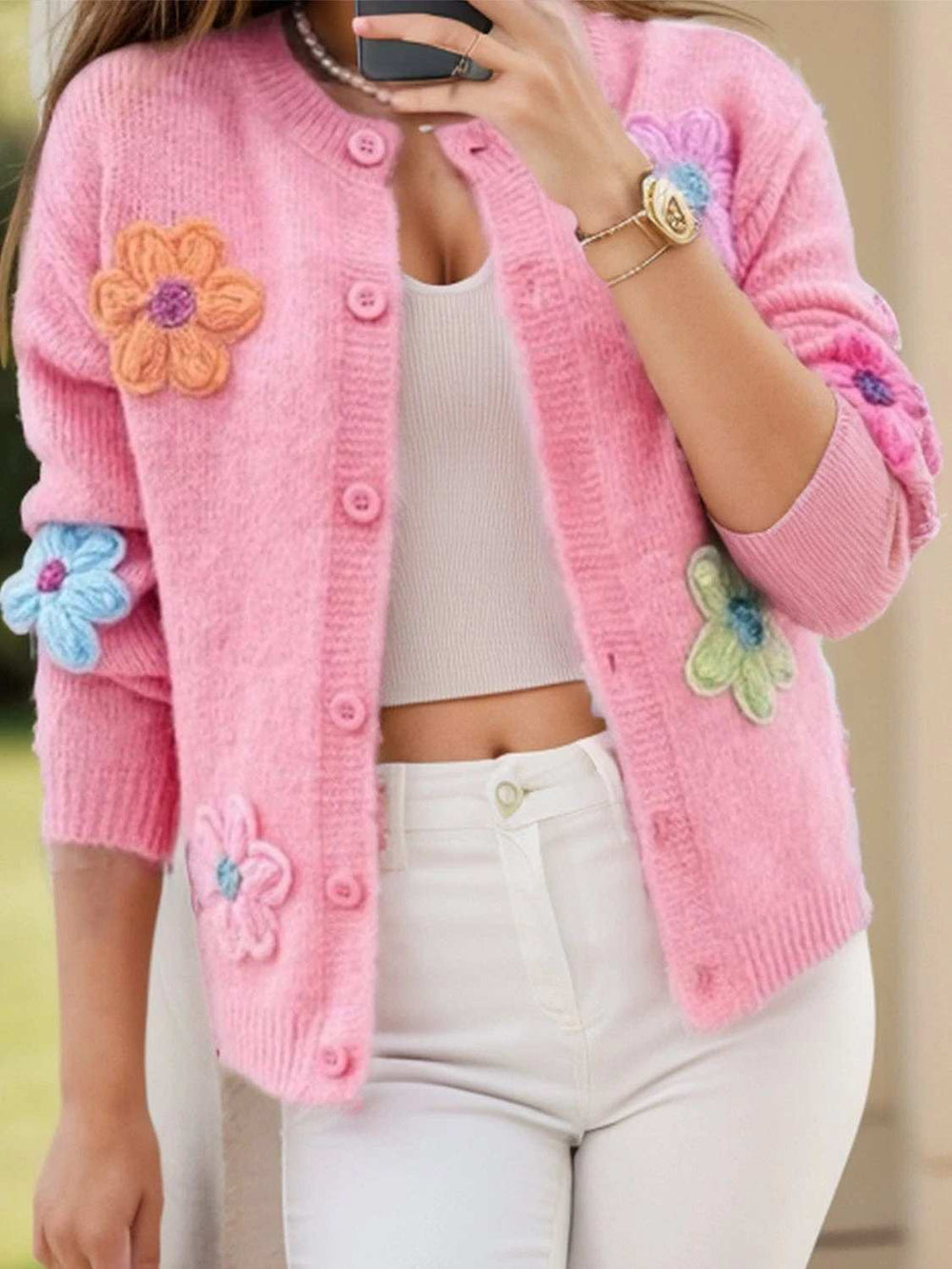 Flower Dropped Shoulder Long Sleeve Cardigan - Trendsi - Flyclothing LLC
