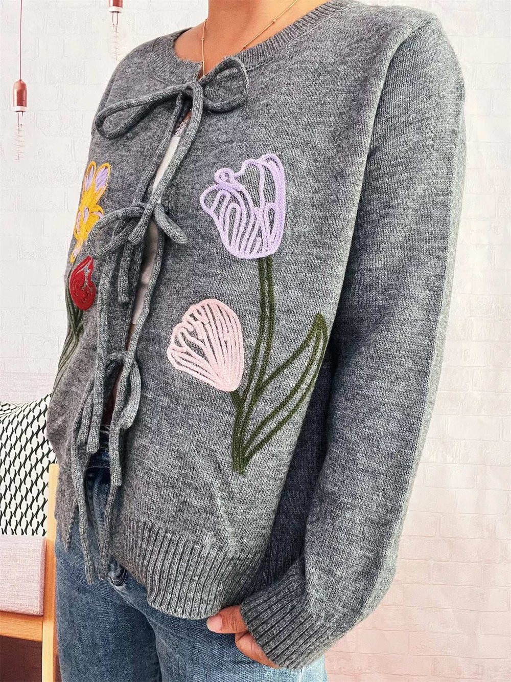 Floral Ribbed Hem Tie Front Cardigan - Trendsi - Flyclothing LLC