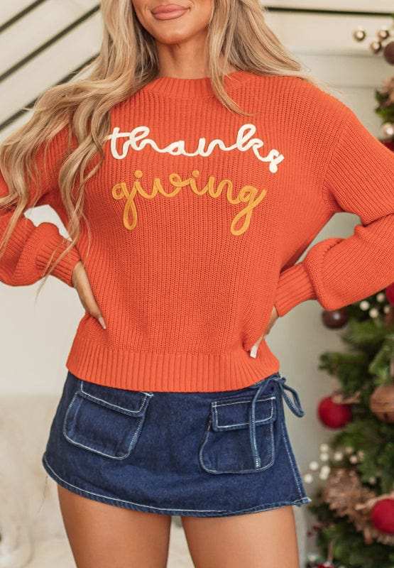 THANKS GIVING Round Neck Long Sleeve Sweater - Trendsi - Flyclothing LLC