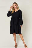 Double Take Full Size V-Neck Balloon Sleeve Tiered Dress - Trendsi - Flyclothing LLC
