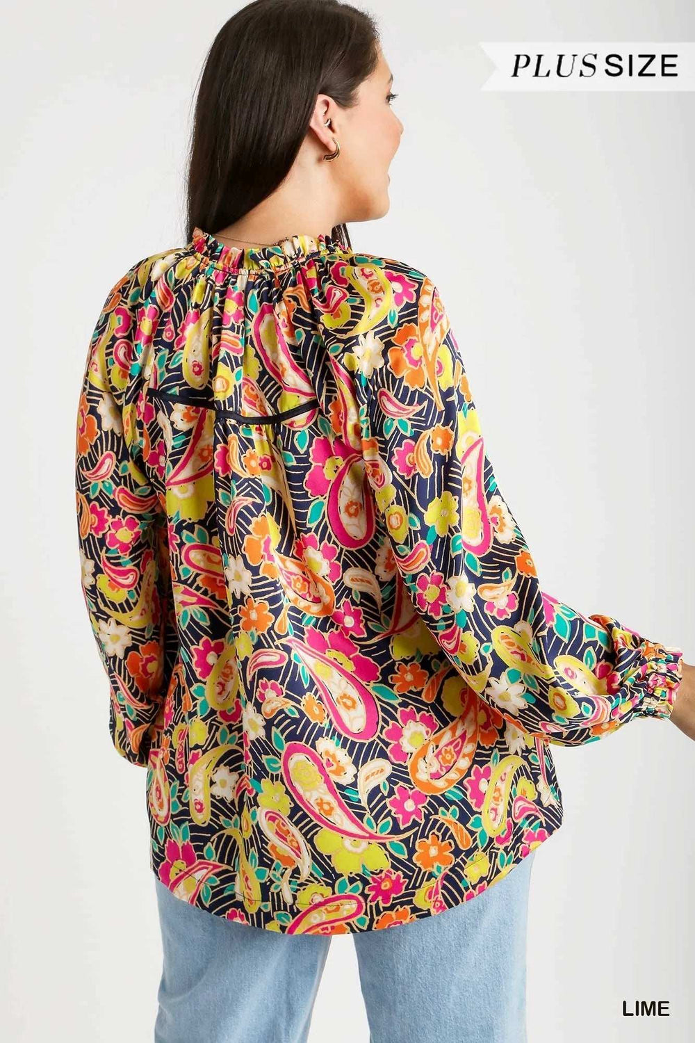 Umgee Full Size Satin Paisley Ruffle Neck Button-Up Shirt Plus Size - Trendsi - Flyclothing LLC