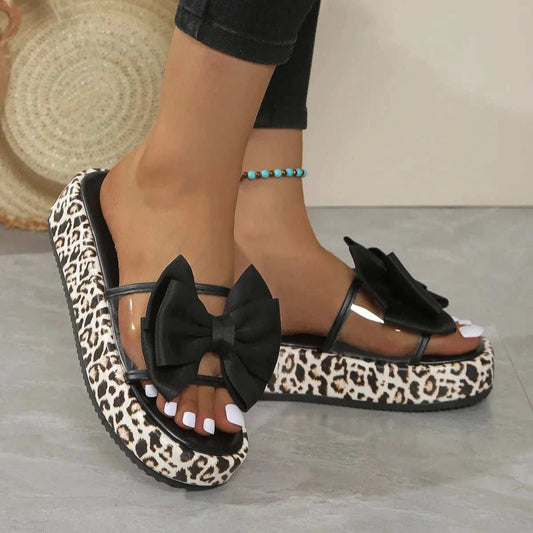 Bow Open Toe Leopard Platform Sandals - Trendsi - Flyclothing LLC