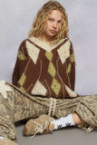 POL V-Neck Argyle Pattern Mohair Sweater with Contrast Exposed Stitch Detail - Trendsi - Flyclothing LLC