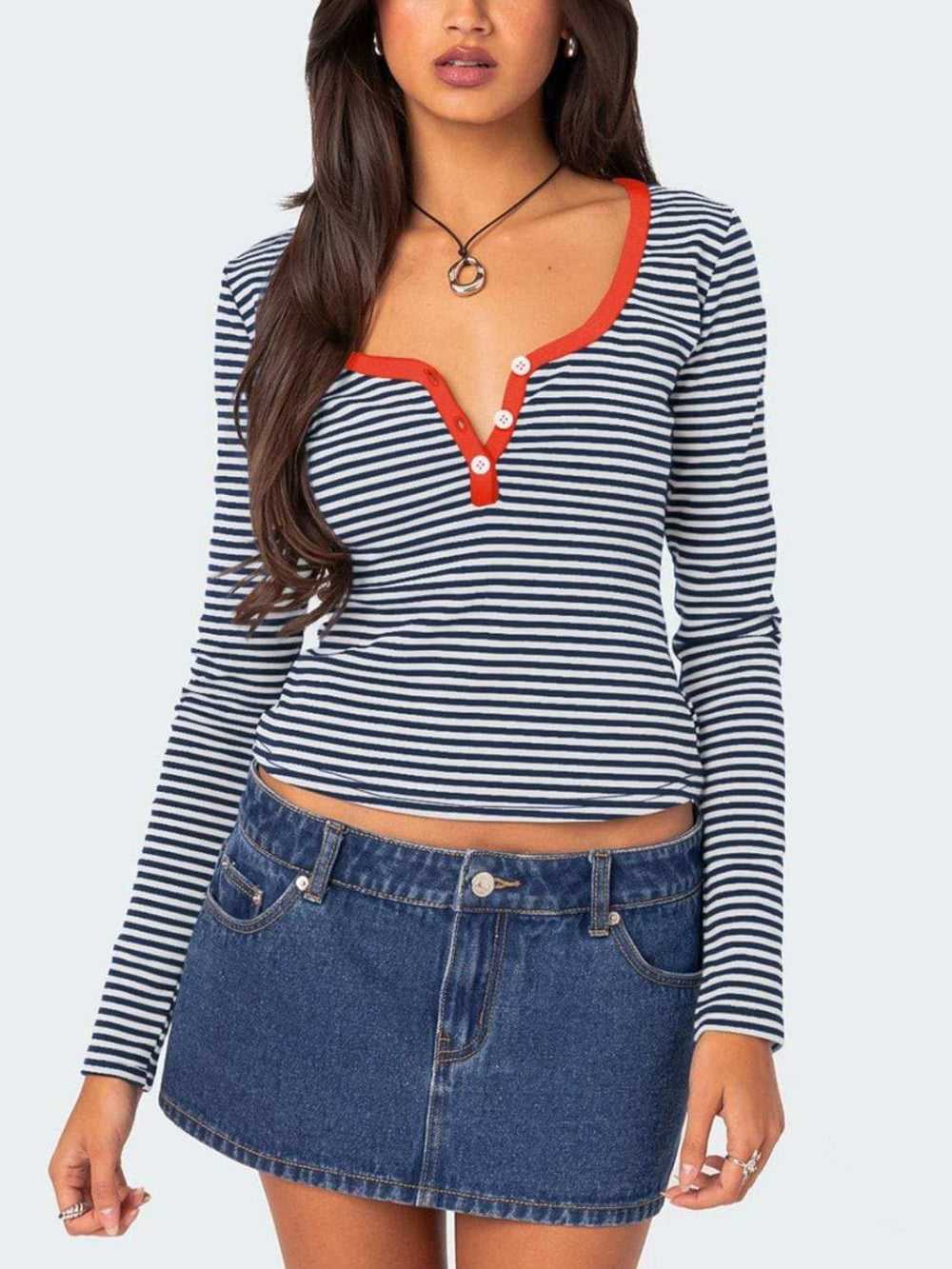 Buttoned Striped Long Sleeve T-Shirt - Trendsi - Flyclothing LLC