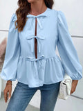 Ivy Lane Peplum Tied Long Sleeve Blouse - Trendsi - Flyclothing LLC
