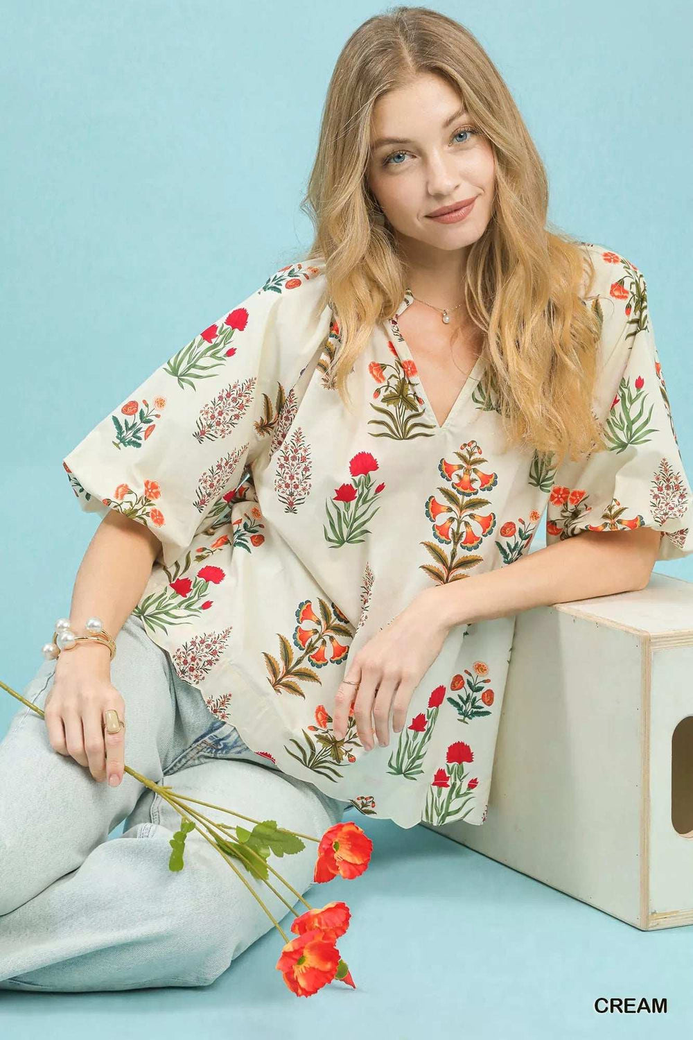 Umgee Floral Print Puff Sleeve Scallop Hem Blouse - Trendsi - Flyclothing LLC