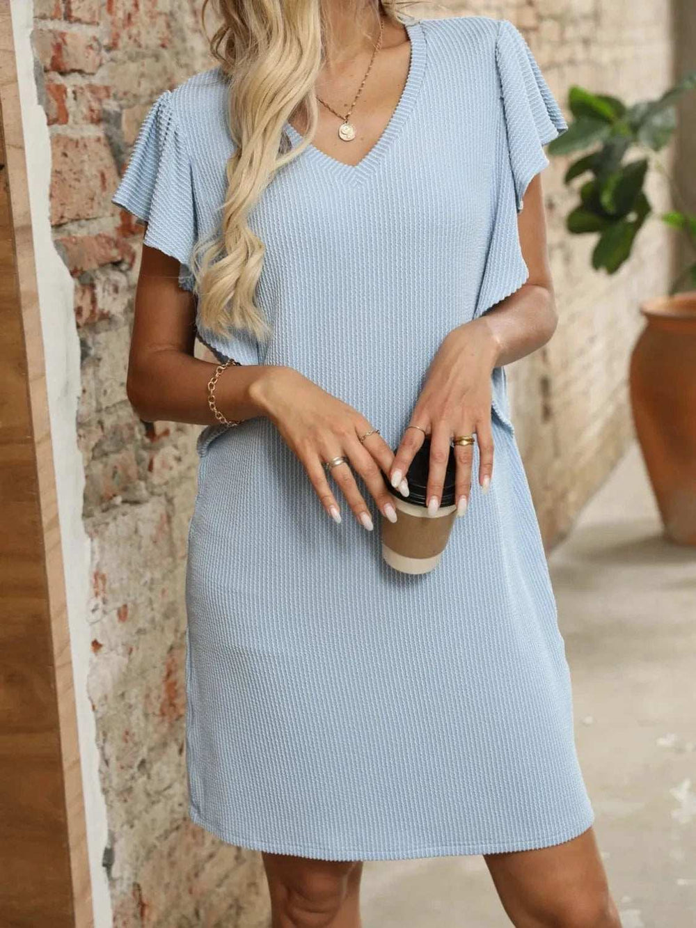 Ruffled V-Neck Cap Sleeve Mini Dress - Trendsi - Flyclothing LLC