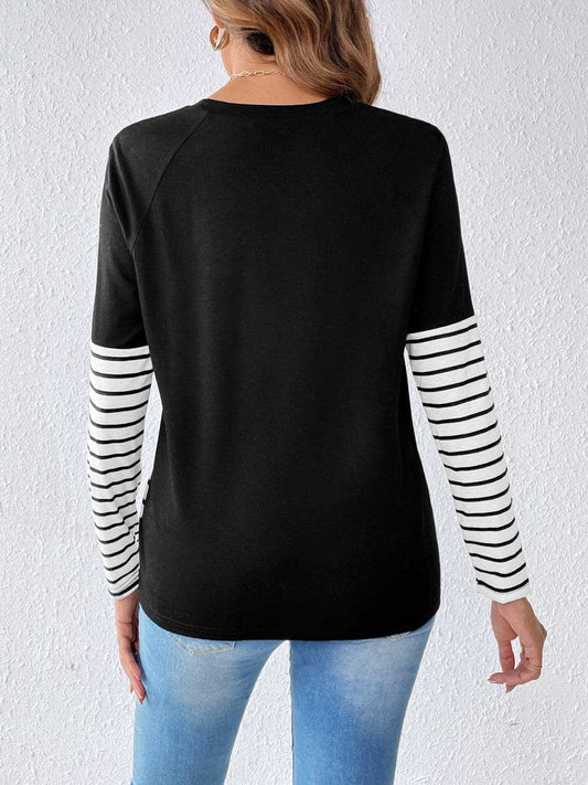 Striped Contrast Round Neck Long Sleeve T-Shirt - Trendsi - Flyclothing LLC