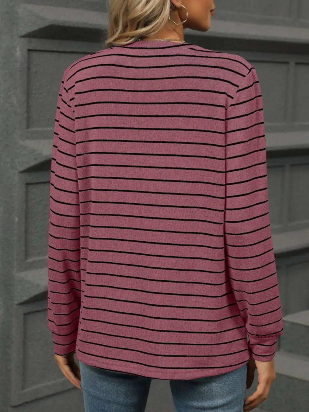Striped Notched Long Sleeve T-Shirt - Trendsi - Flyclothing LLC