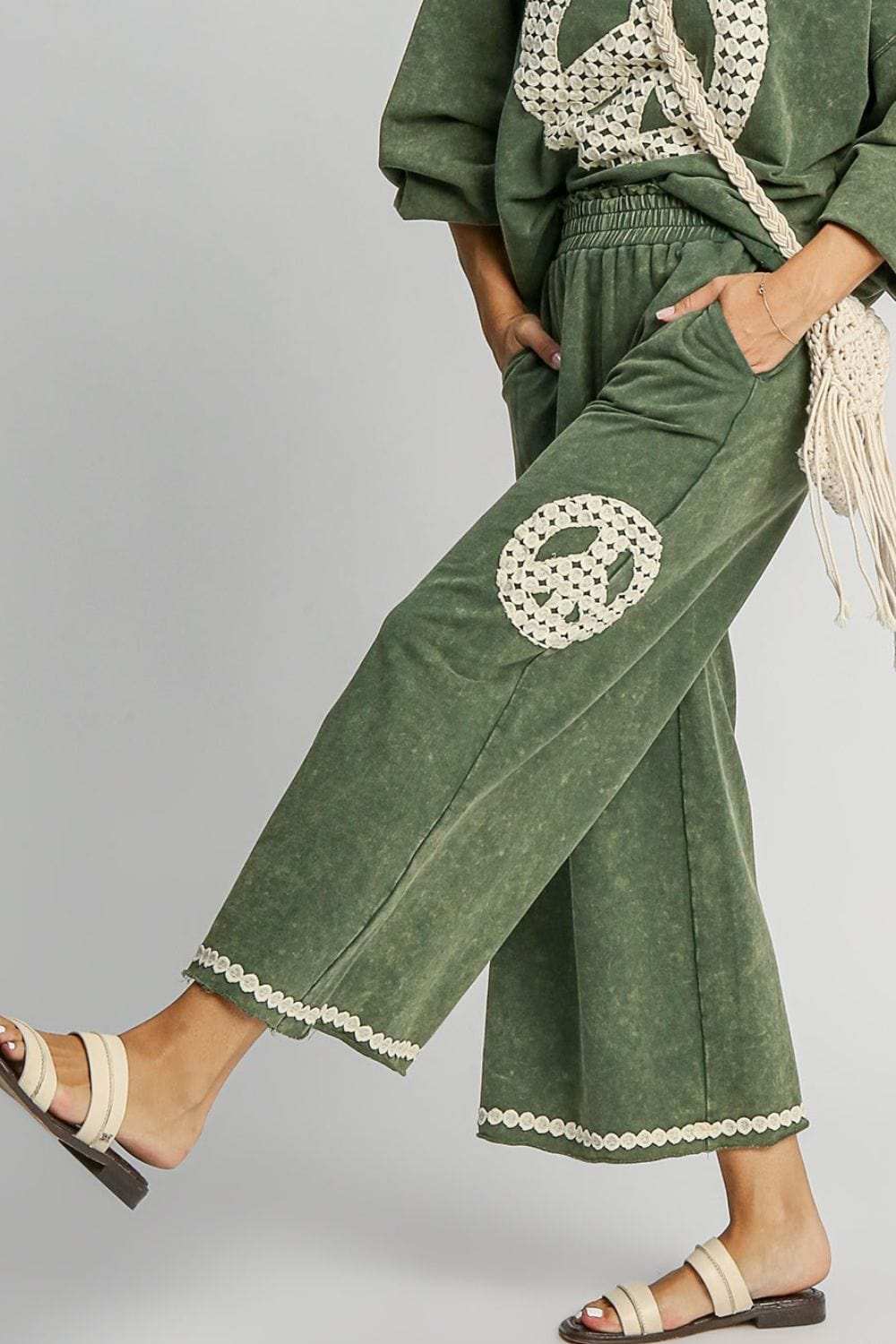 Umgee Full Size Peace Lace Applique Mineral Wash Wide Leg Pants Plus Size - Trendsi - Flyclothing LLC