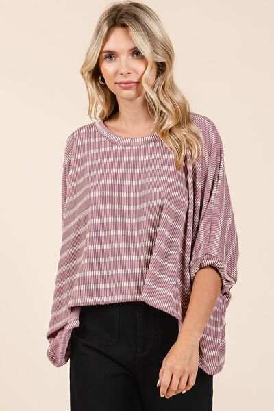 Mittoshop Texture Striped Print Round Neck Dolman Sleeve Top - Trendsi - Flyclothing LLC