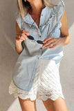 Frill Button Down Ruffled Cap Sleeve Denim Top - Trendsi - Flyclothing LLC
