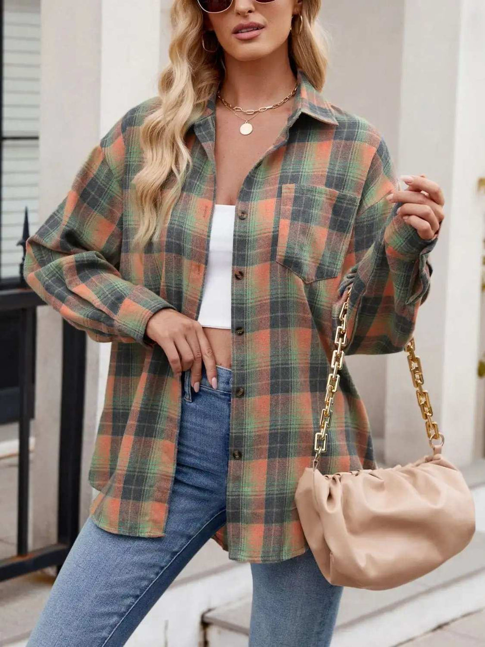 Plaid Collared Neck Long Sleeve Shirt - Trendsi - Flyclothing LLC