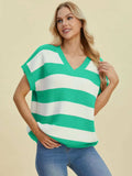 Double Take Full Size Striped V-Neck Short Sleeve Sweater - Trendsi - Flyclothing LLC