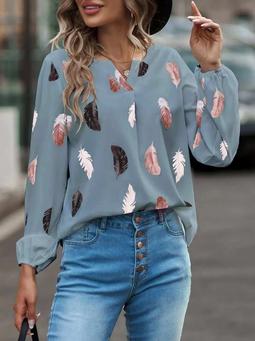 Feather Print Notched Balloon Sleeve Top - Trendsi - Flyclothing LLC