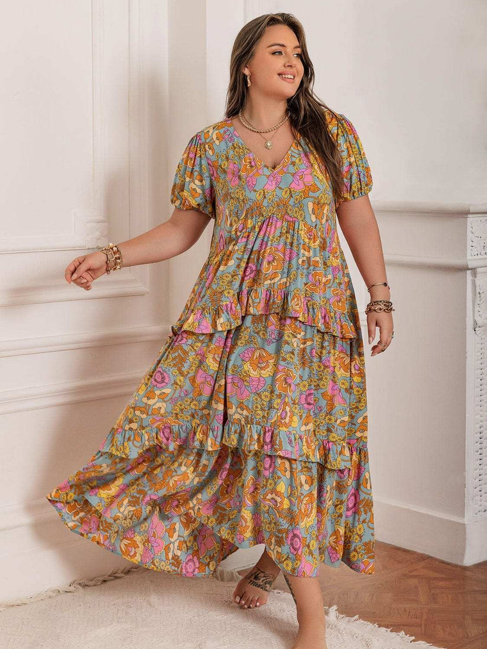 Plus Size Printed V-Neck Short Sleeve Maxi Dress - Trendsi - Flyclothing LLC