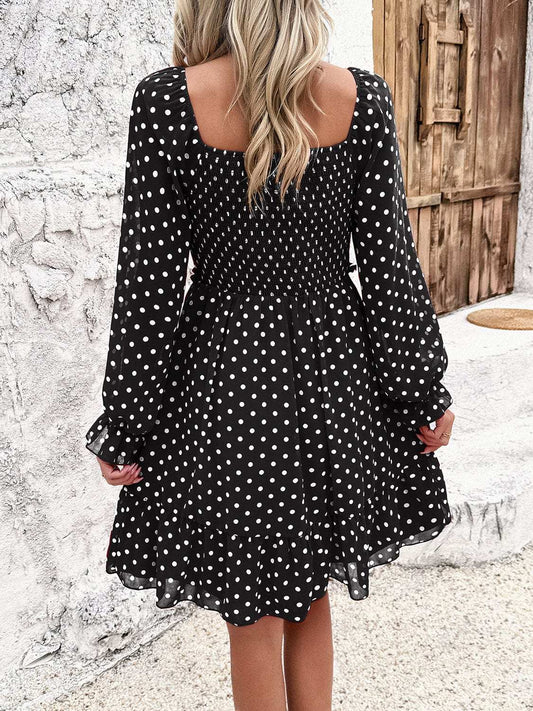 Smocked Polka Dot Long Sleeve Dress - Trendsi - Flyclothing LLC