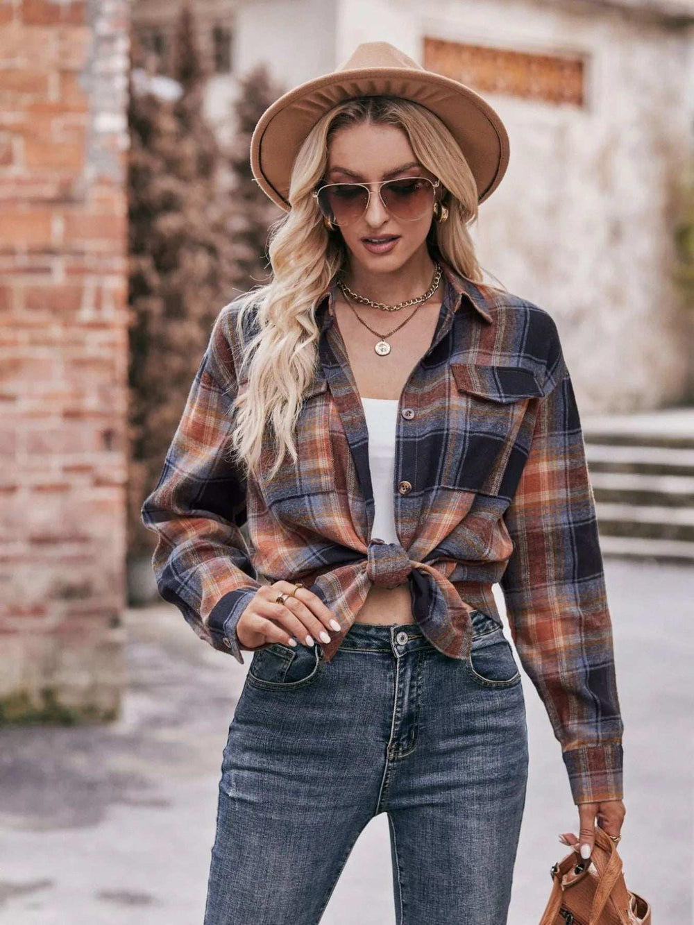 Plaid Button-Down Long Sleeve Shirt - Trendsi - Flyclothing LLC