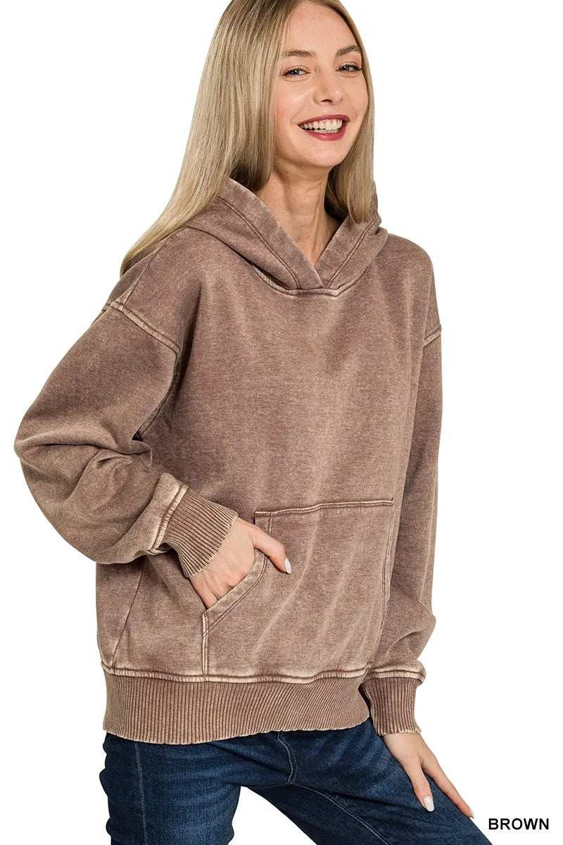 Zenana Fleece Acid Wash Kangaroo Pocket Hoodie - Trendsi - Flyclothing LLC