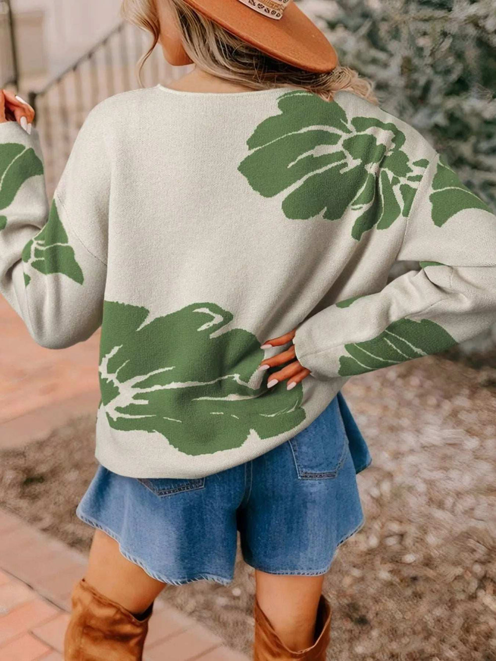 Leaf Round Neck Long Sleeve Sweater - Trendsi - Flyclothing LLC