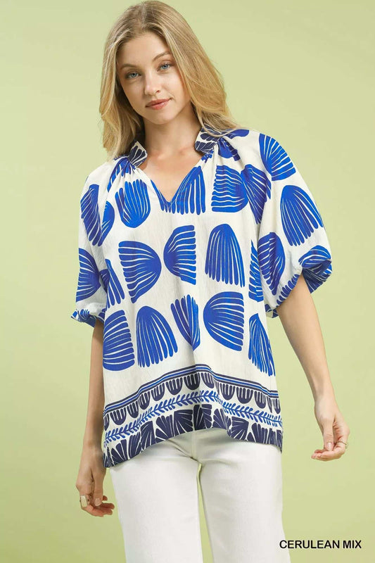 Umgee Shell Block Border Print Puff Sleeve Blouse - Trendsi - Flyclothing LLC