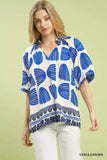 Umgee Shell Block Border Print Puff Sleeve Blouse - Trendsi - Flyclothing LLC