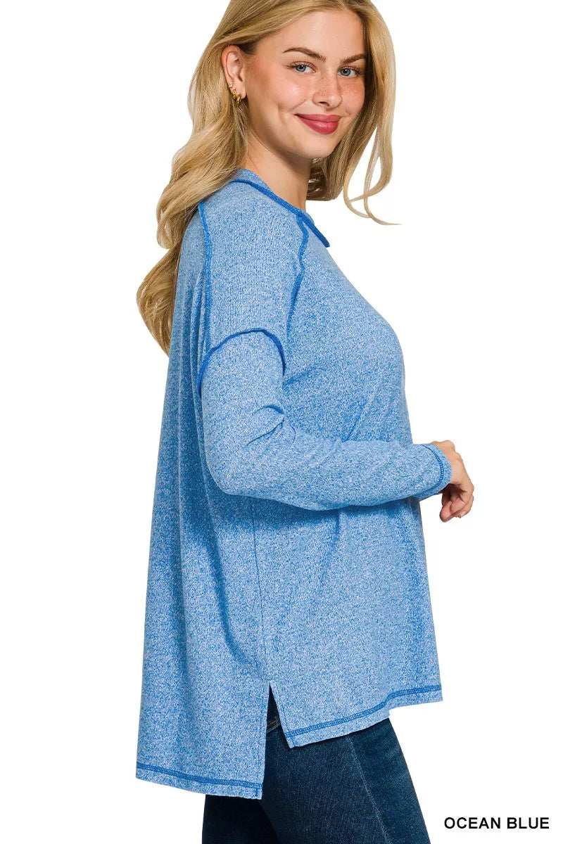 Zenana Full Size Melange Hacci Exposed Seam Hi-low Tee Plus Size - Trendsi - Flyclothing LLC