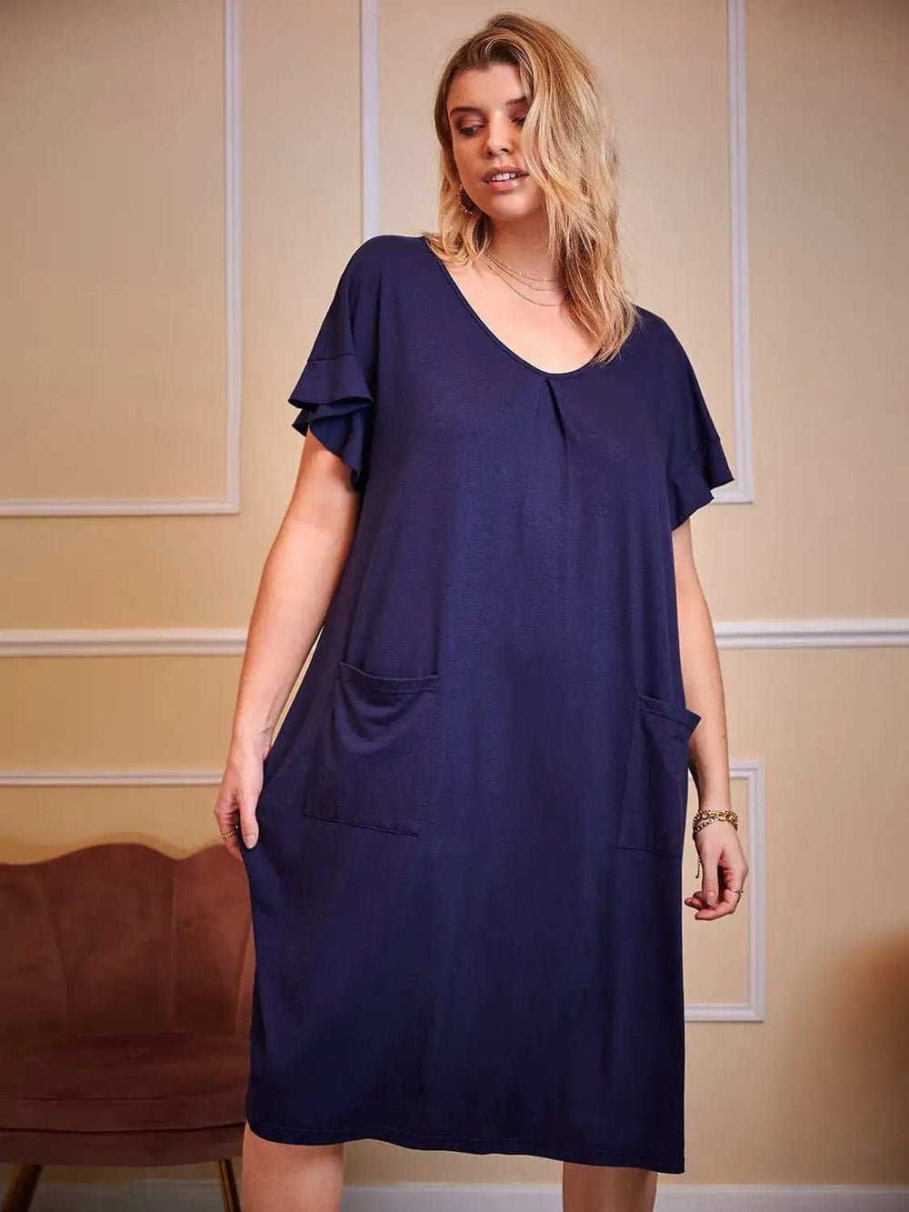 Plus Size Round Neck Short Sleeve Lounge Dress - Trendsi - Flyclothing LLC