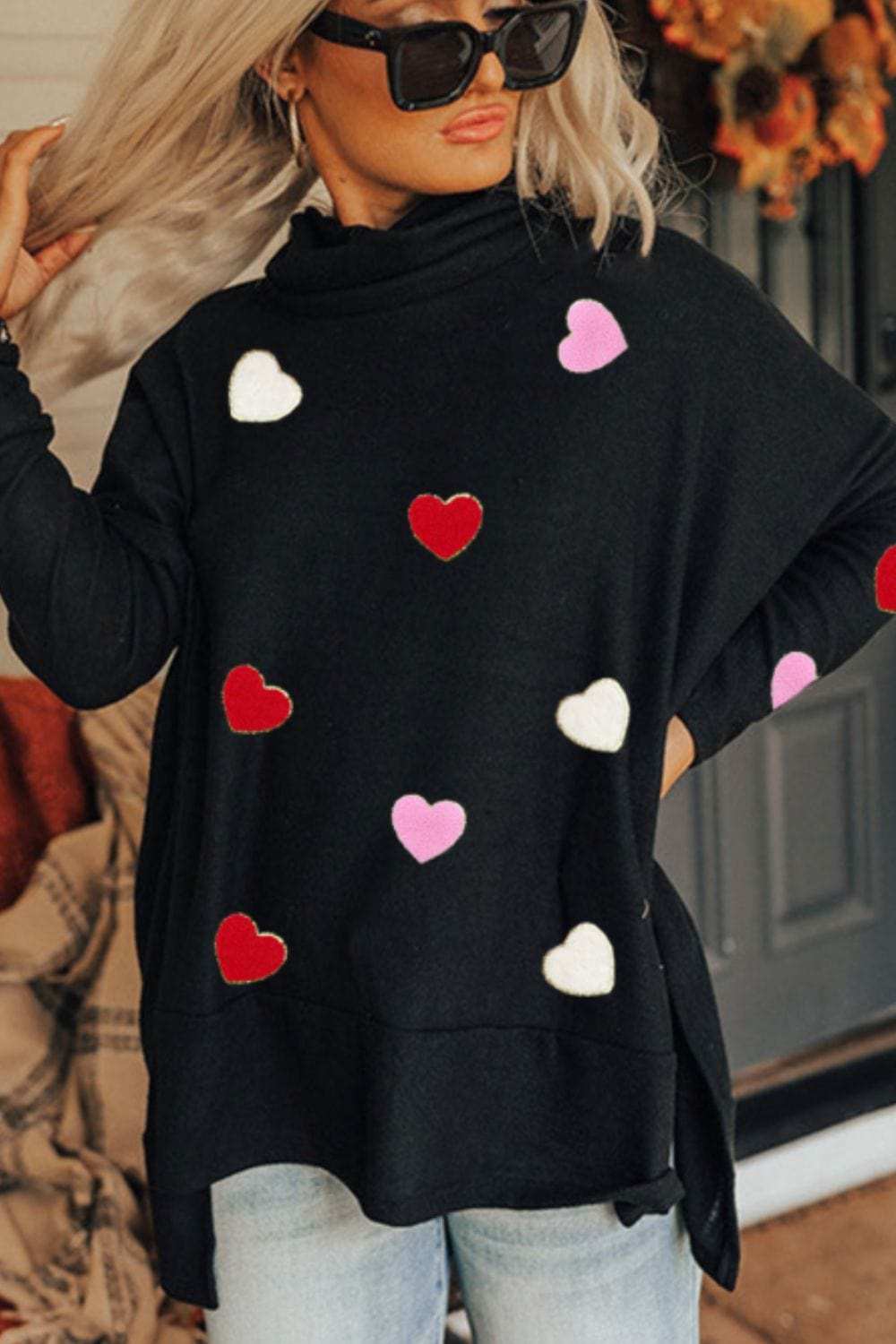 Valentine’s Day Heart Patched Turtleneck Long Sleeve Top - Trendsi - Flyclothing LLC