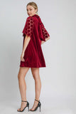 Umgee Dotted Lace Half Sleeve Mock Neck Back Tie Velvet Dress - Trendsi - Flyclothing LLC