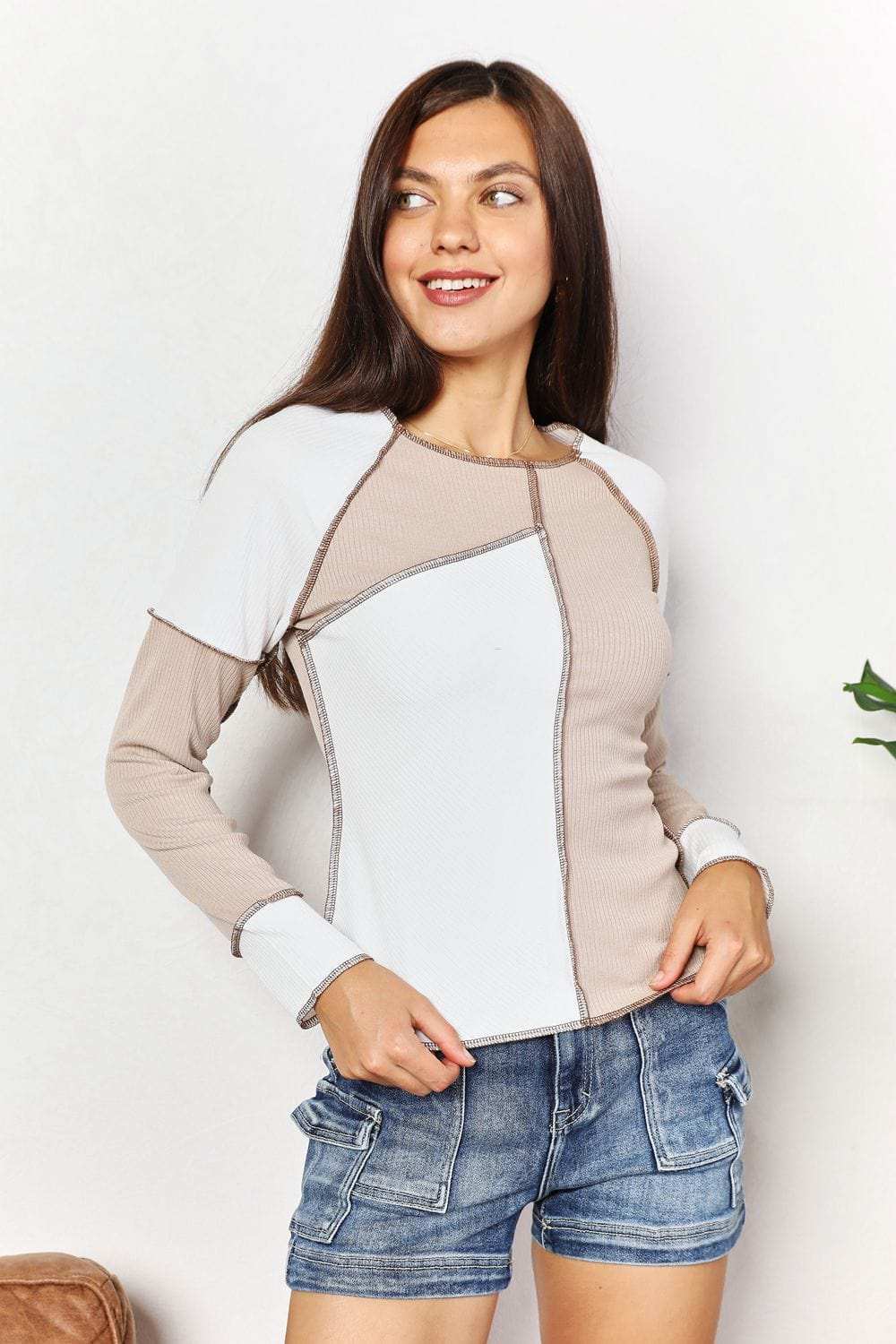 Double Take Color Block Exposed Seam Top - Trendsi - Flyclothing LLC