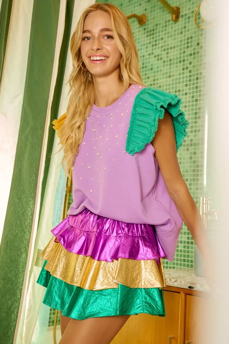 BiBi Mardigras Theme Frayed Edge Ruffled Top - Trendsi - Flyclothing LLC