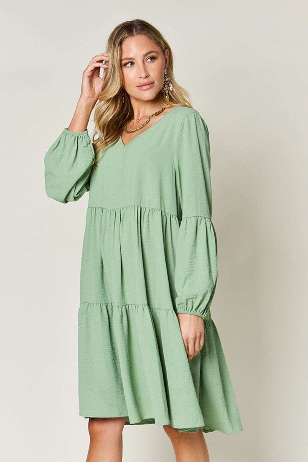 Double Take Full Size V-Neck Balloon Sleeve Tiered Dress - Trendsi - Flyclothing LLC