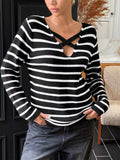 Striped Cross Front Long Sleeve Knit Top - Trendsi - Flyclothing LLC
