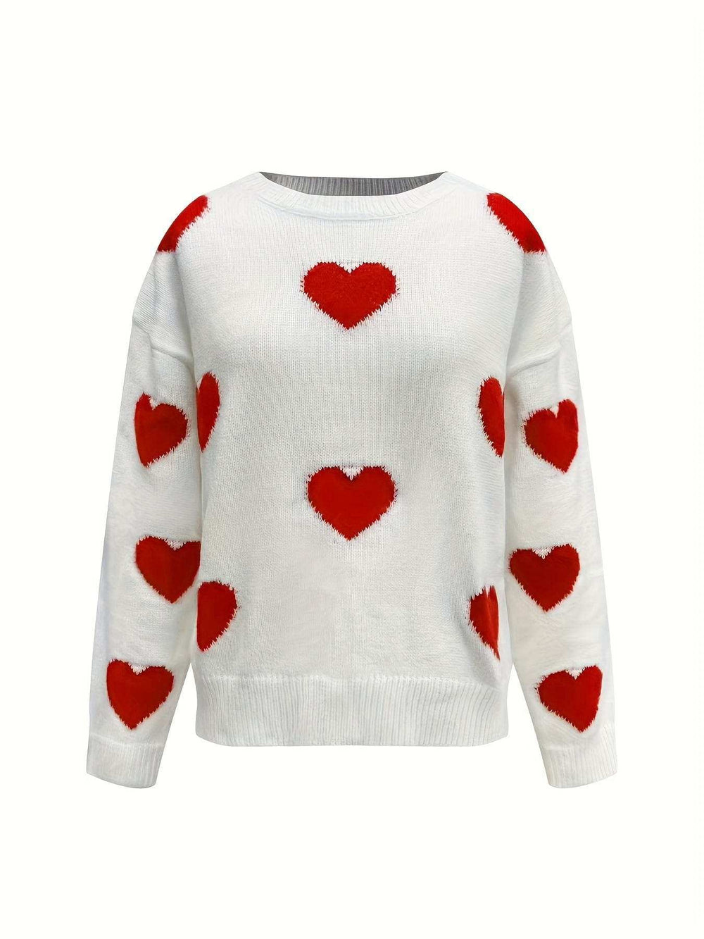 Valentine’s Day Heart Round Neck Long Sleeve Sweater - Trendsi - Flyclothing LLC