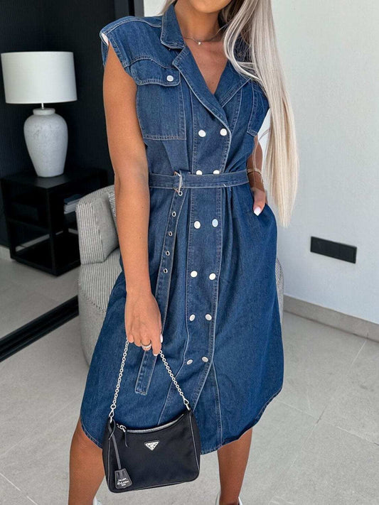 Collared Neck Cap Sleeve Denim Dress - Trendsi - Flyclothing LLC