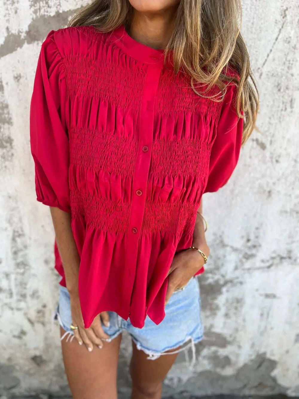 Full Size Smocked Puff Sleeve Blouse Plus Size - Trendsi - Flyclothing LLC