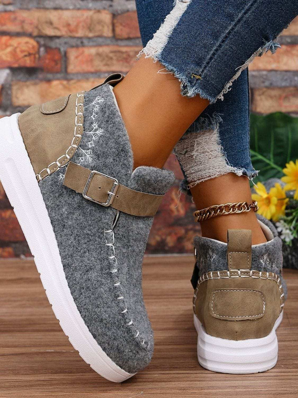 Contrast Round Toe Buckle Sneakers - Trendsi - Flyclothing LLC