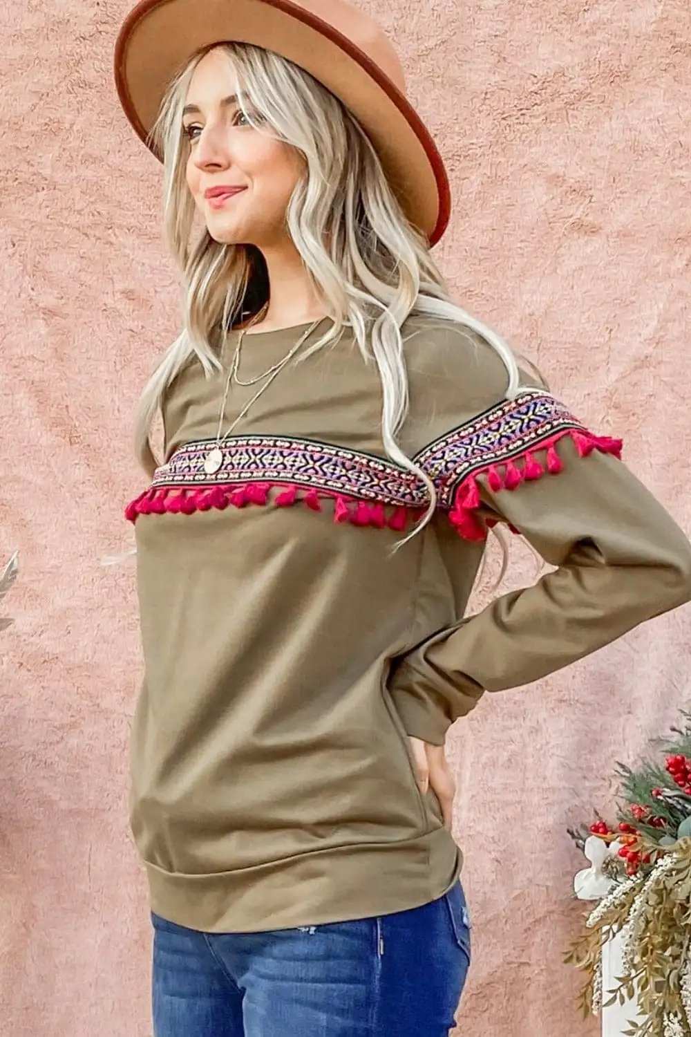 And The Why Ethnic Ribbon Tassel Trim Top - Trendsi - Flyclothing LLC