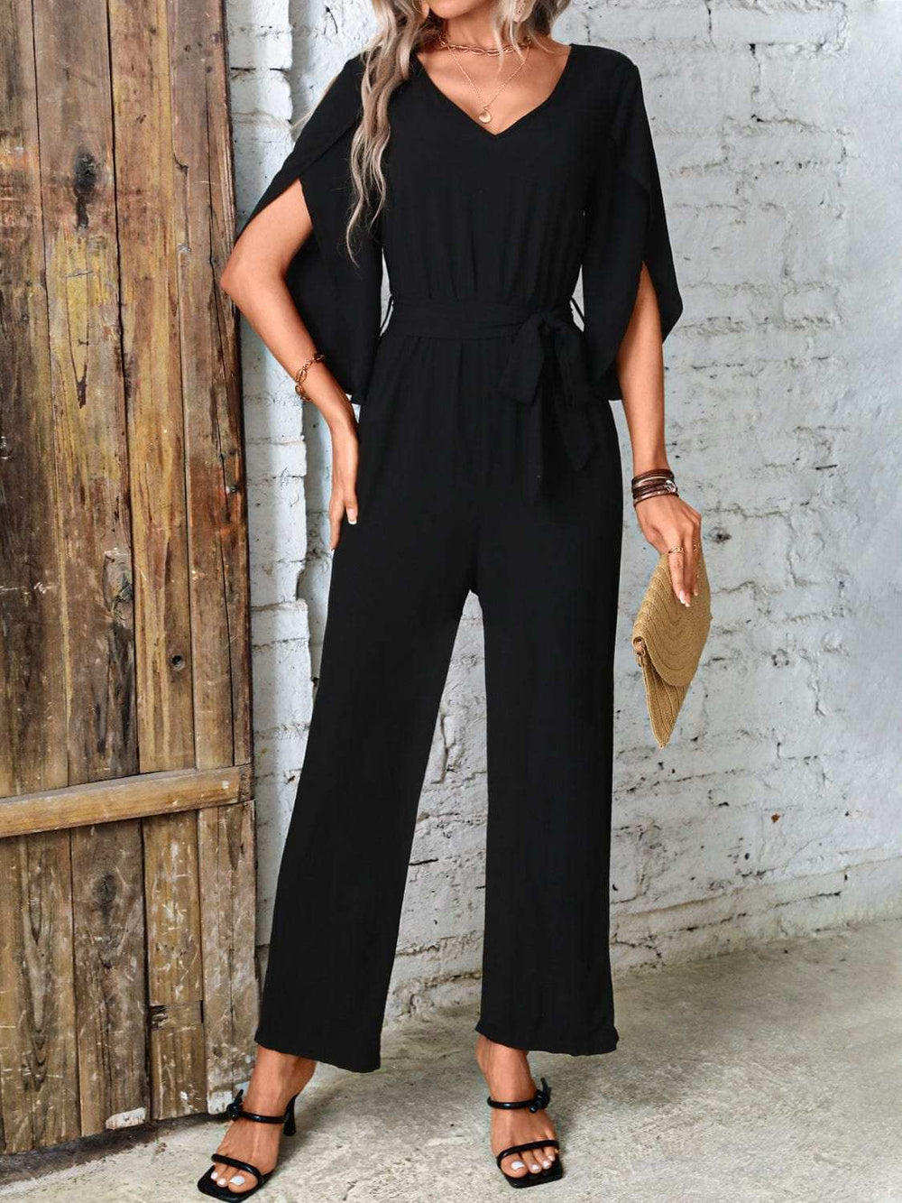 Tied V-Neck Half Sleeve Wide Leg Jumpsuit - Trendsi - Flyclothing LLC