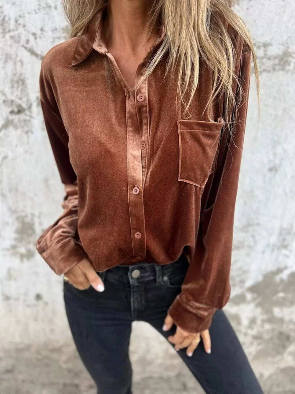 Full Size Velvet Button-Up Long Sleeve Shirt Plus Size - Trendsi - Flyclothing LLC
