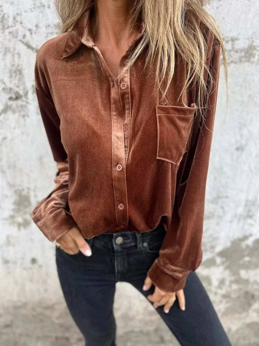 Full Size Velvet Button-Up Long Sleeve Shirt Plus Size - Trendsi - Flyclothing LLC
