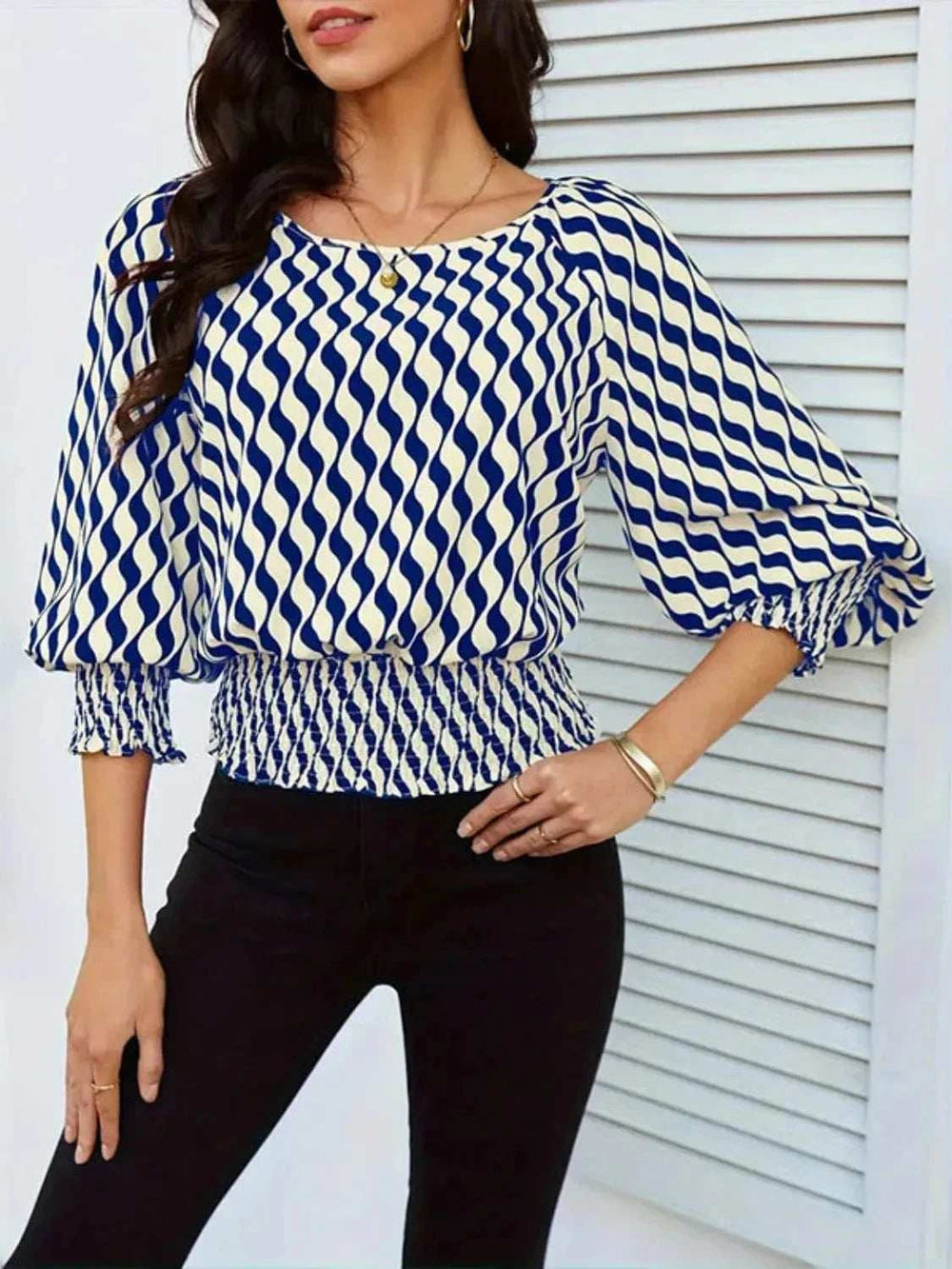 Geometric Print Lantern Sleeve Smocked Waist Blouse - Trendsi - Flyclothing LLC
