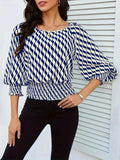Geometric Print Lantern Sleeve Smocked Waist Blouse - Trendsi - Flyclothing LLC